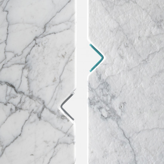 Comparison between the variations of the Quattro Cantoni coffee table in Carrara marble