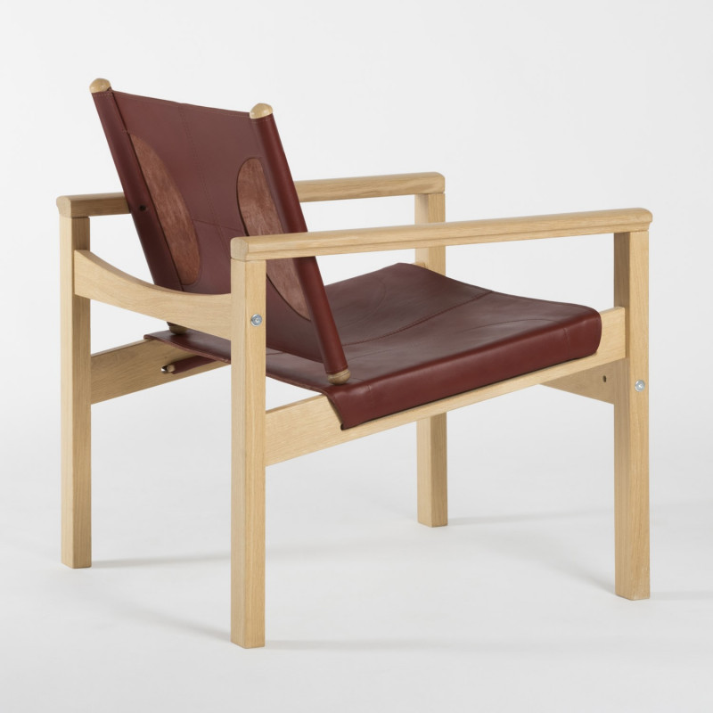 Fauteuil Peglev - Cuir Cognac - Chêne massif - Vue de 3/4 dos