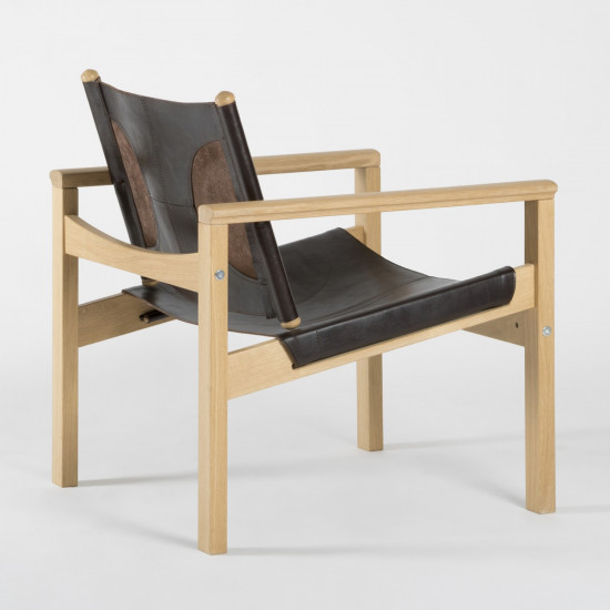 Peglev Armchair - Macassar leather - Solid oak - 3/4 back view