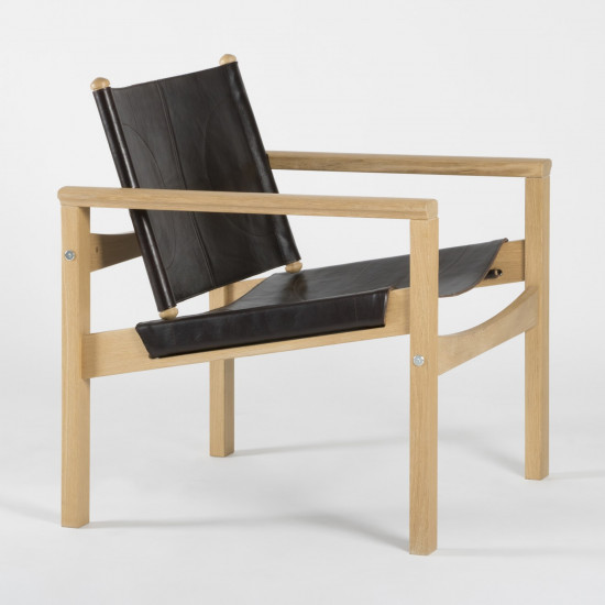 Peglev Armchair - Macassar leather - Solid oak - 3/4 view
