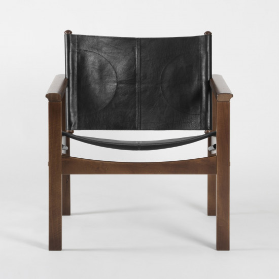 Peglev Armchair - Black leather - Solid walnut - front view